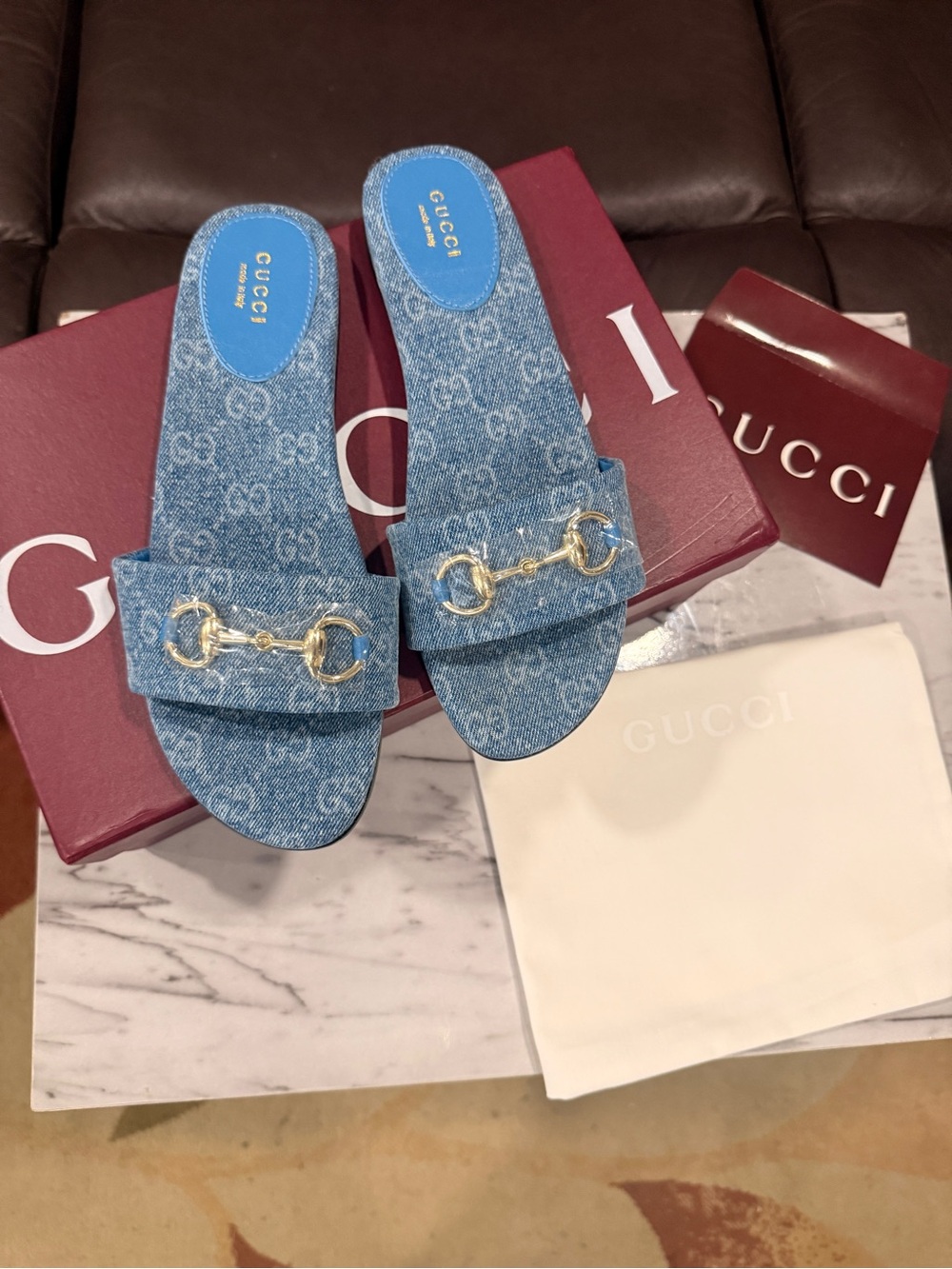 Denim GG Canvas Slide Sandals with Gold Horsebit